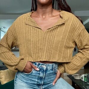 Brownish Yellow Ribbed long sleeve crop Top
